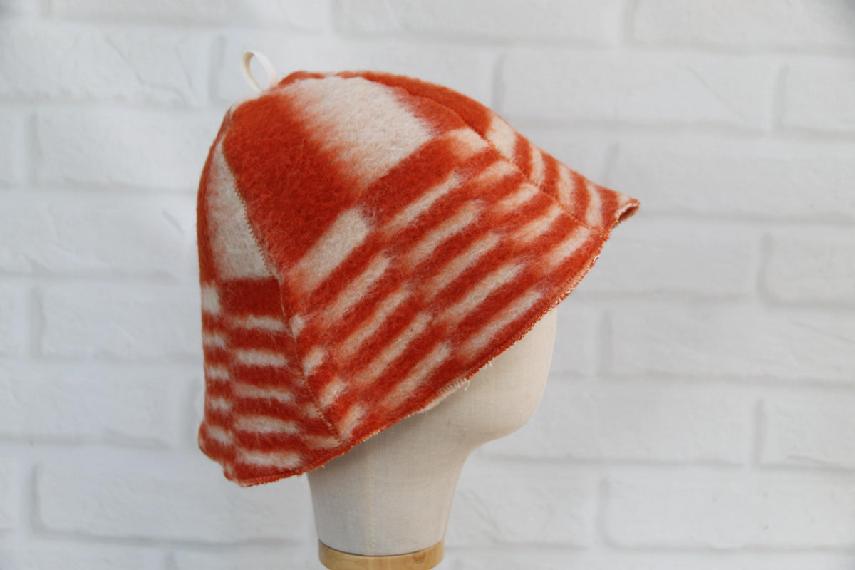 Handmade Upcycled Wool Sauna Hat, Orange White Geometric Banya Cap, Heat Protection Spa Accessory