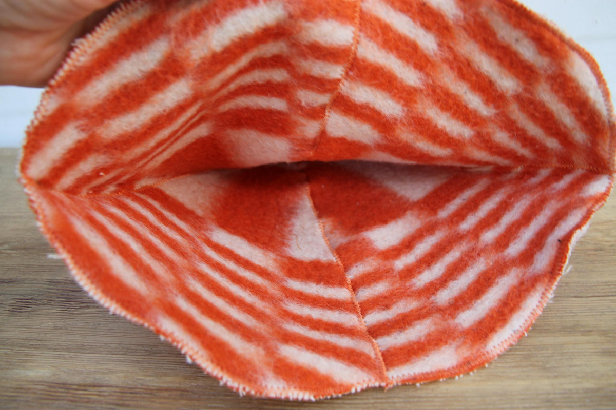 Handmade Upcycled Wool Sauna Hat, Orange White Geometric Banya Cap, Heat Protection Spa Accessory