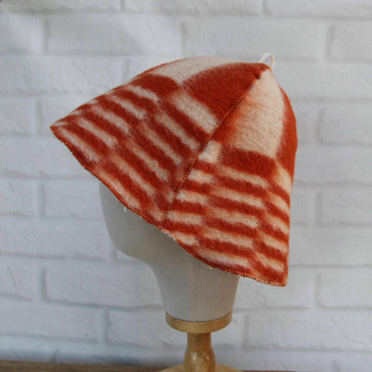 Handmade Upcycled Wool Sauna Hat, Orange White Geometric Banya Cap, Heat Protection Spa Accessory
