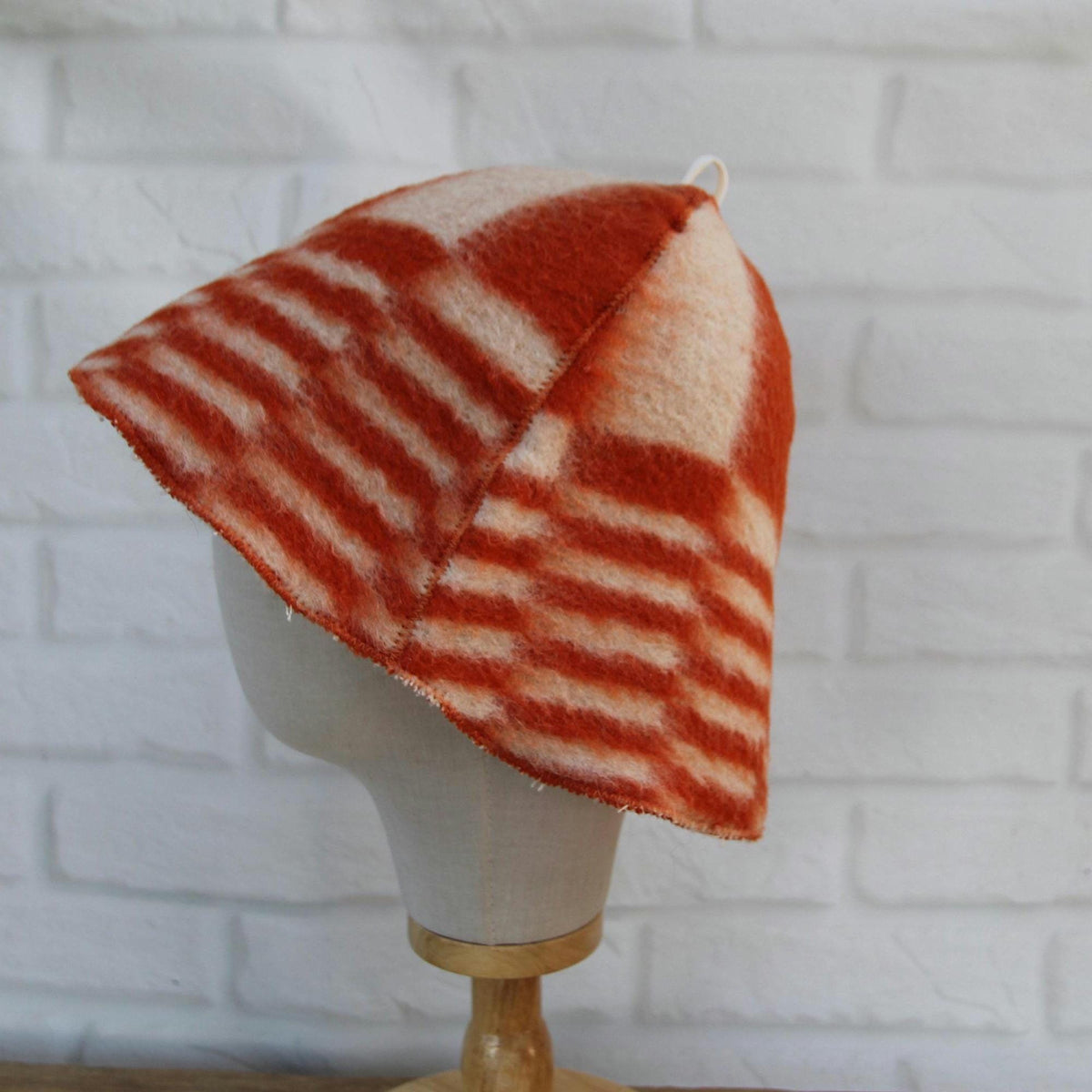 Handmade Upcycled Wool Sauna Hat, Orange White Geometric Banya Cap, Heat Protection Spa Accessory