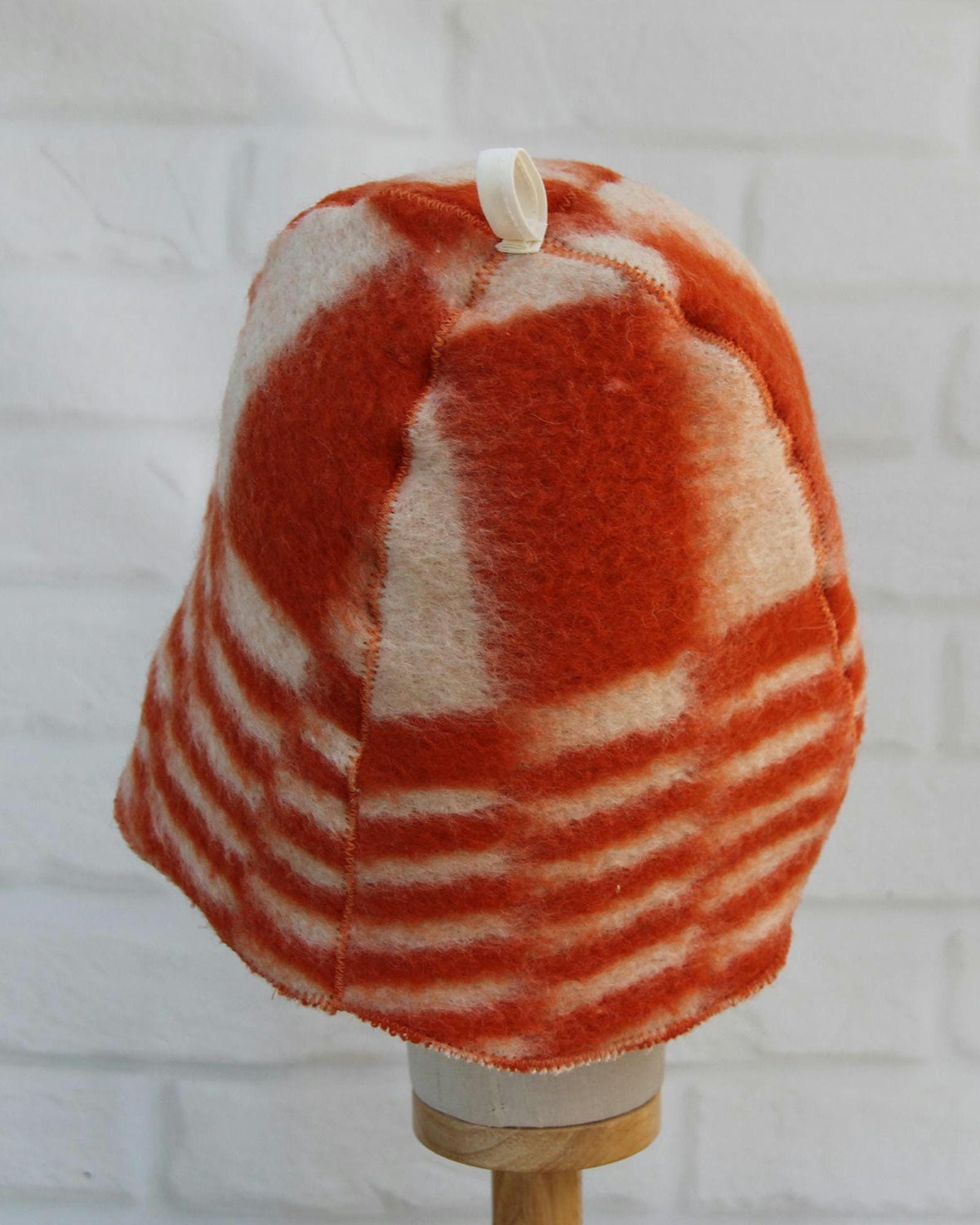 Handmade Upcycled Wool Sauna Hat, Orange White Geometric Banya Cap, Heat Protection Spa Accessory