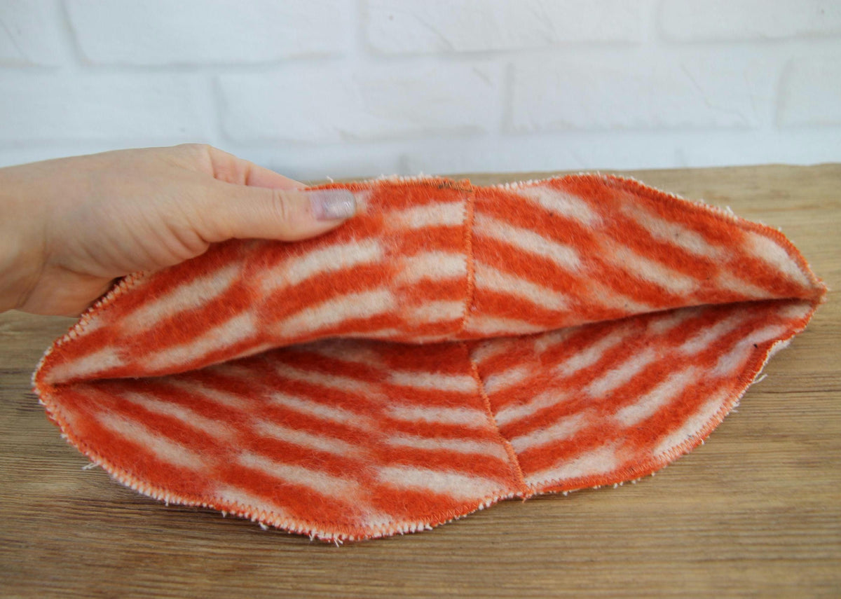 Handmade Upcycled Wool Sauna Hat, Orange White Geometric Banya Cap, Heat Protection Spa Accessory