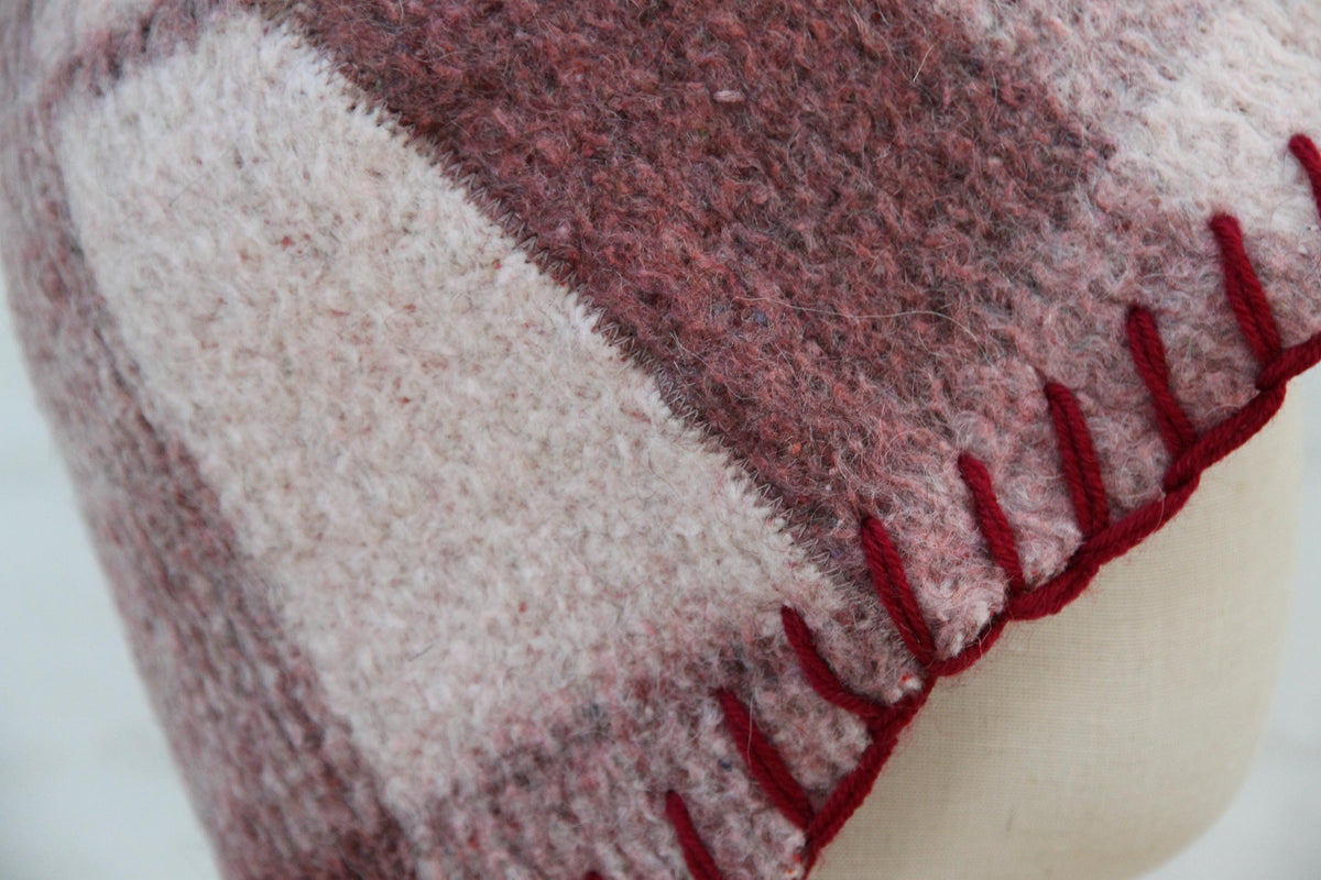 Upcycled Wool Sauna Hat – Burgundy Mauve Plaid Banya Spa Accessory with Loop