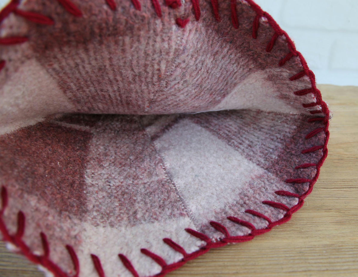 Upcycled Wool Sauna Hat – Burgundy Mauve Plaid Banya Spa Accessory with Loop