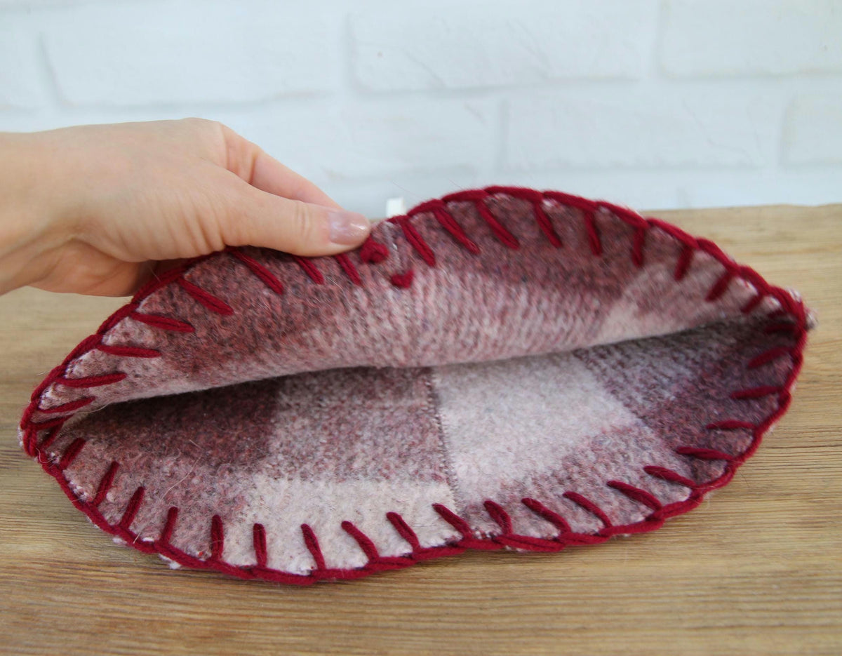 Upcycled Wool Sauna Hat – Burgundy Mauve Plaid Banya Spa Accessory with Loop