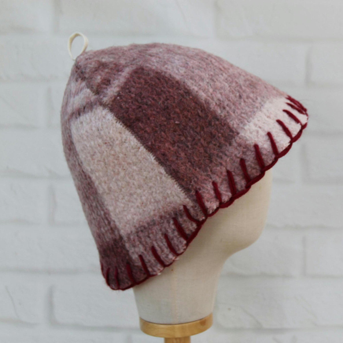 Upcycled Wool Sauna Hat – Burgundy Mauve Plaid Banya Spa Accessory with Loop