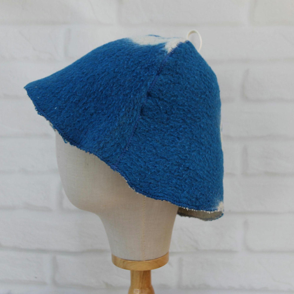 Upcycled Wool Sauna Hat – Blue White Banya Spa Accessory, Sustainable Handmade