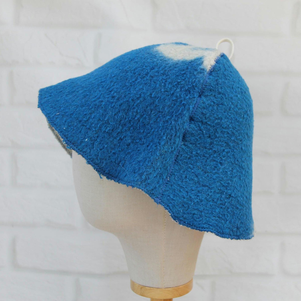 Upcycled Wool Sauna Hat – Blue White Banya Spa Accessory, Sustainable Handmade