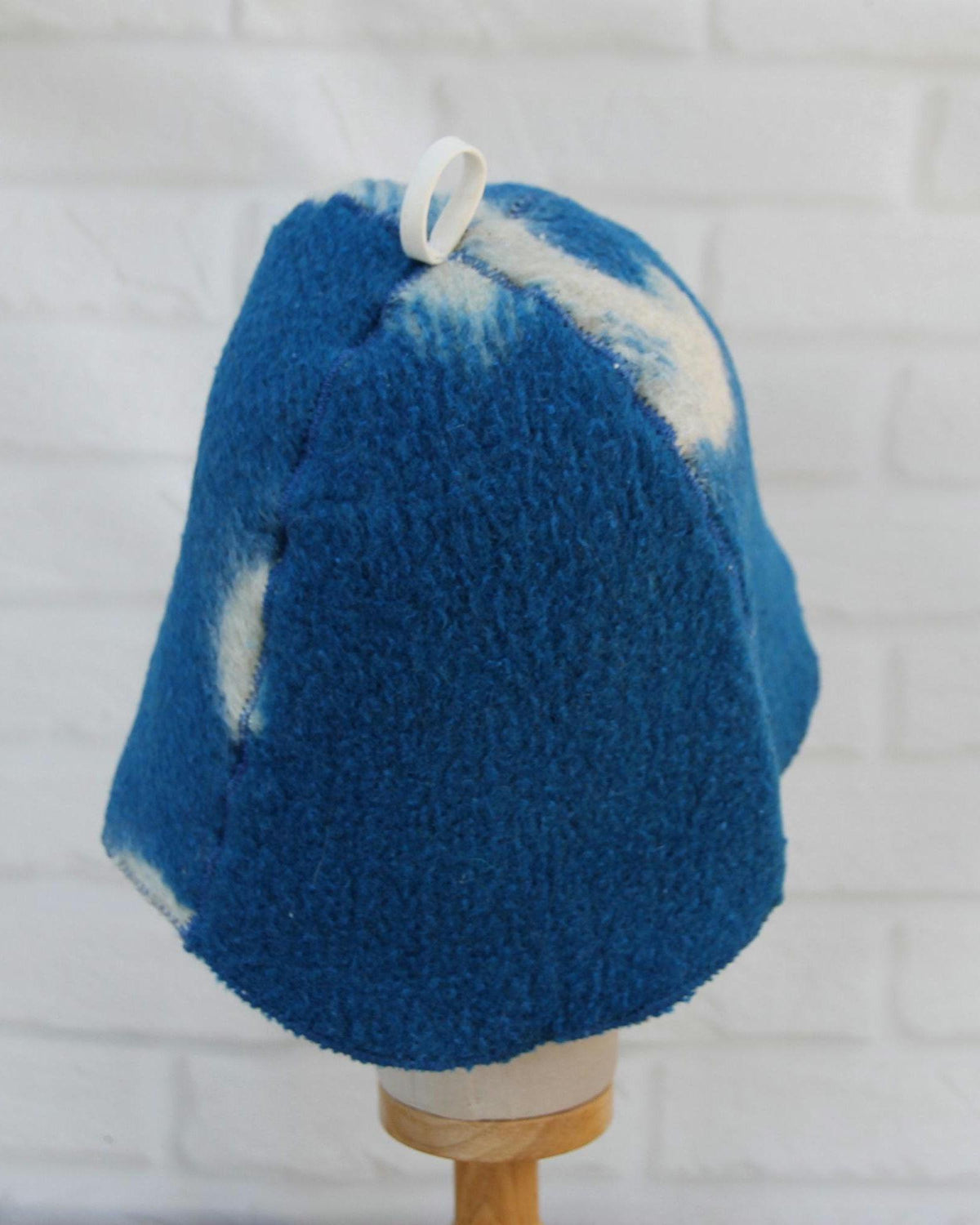 Upcycled Wool Sauna Hat – Blue White Banya Spa Accessory, Sustainable Handmade