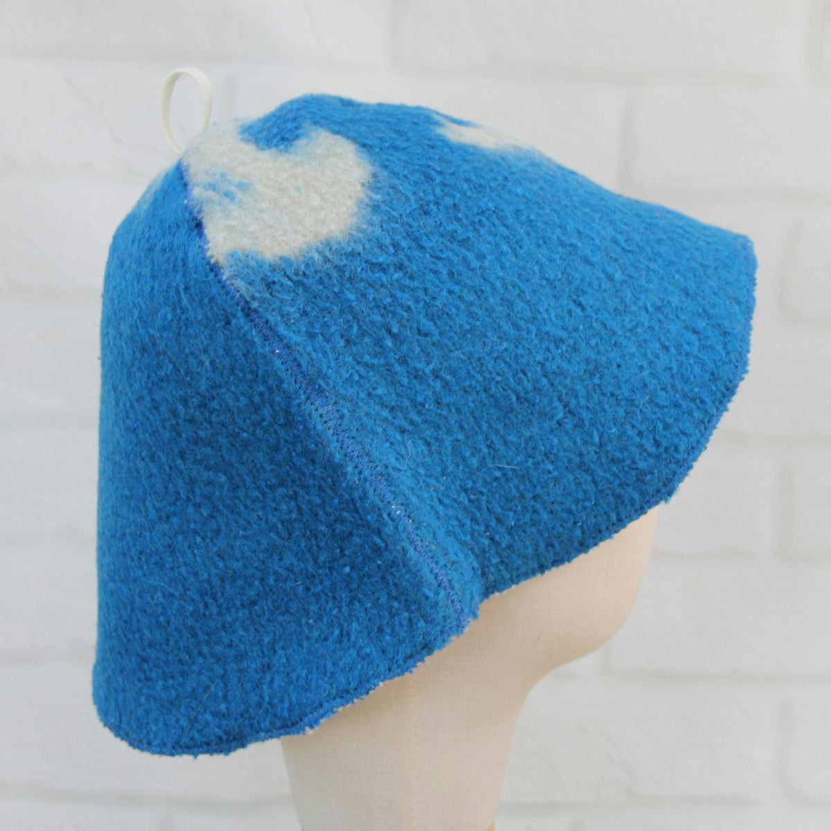 Upcycled Wool Sauna Hat – Blue White Banya Spa Accessory, Sustainable Handmade