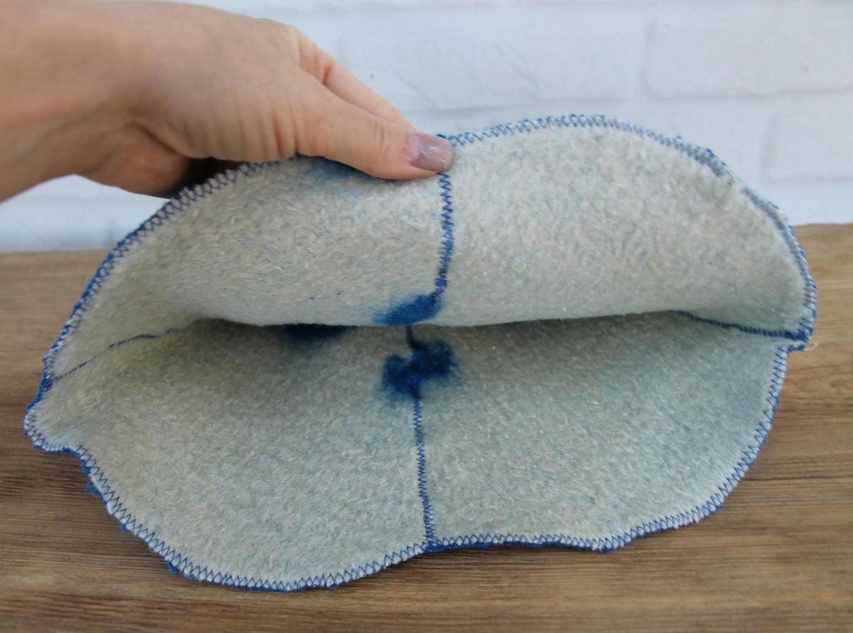 Upcycled Wool Sauna Hat – Blue White Banya Spa Accessory, Sustainable Handmade
