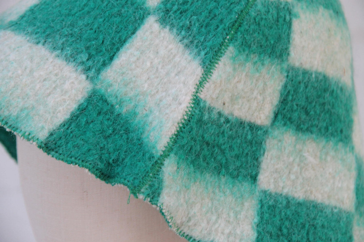 Upcycled Wool Sauna Hat – Green White Checkerboard Banya Spa Accessory