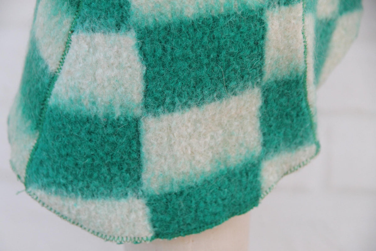 Upcycled Wool Sauna Hat – Green White Checkerboard Banya Spa Accessory