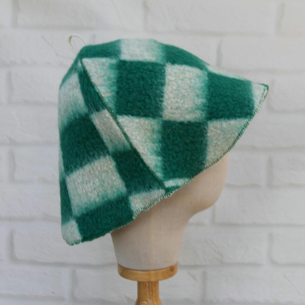 Upcycled Wool Sauna Hat – Green White Checkerboard Banya Spa Accessory