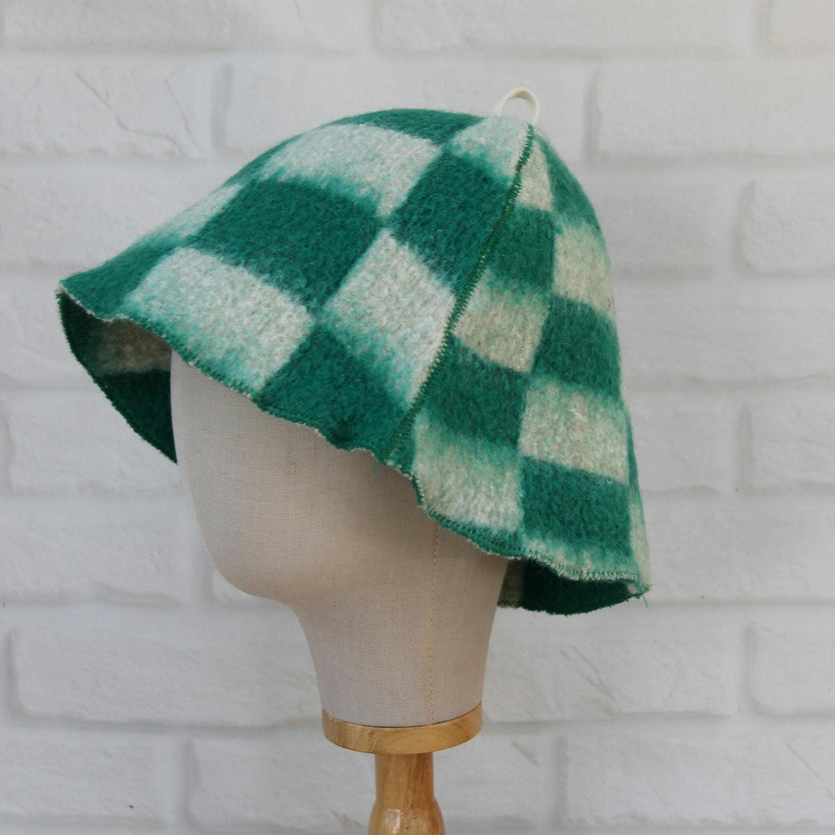 Upcycled Wool Sauna Hat – Green White Checkerboard Banya Spa Accessory
