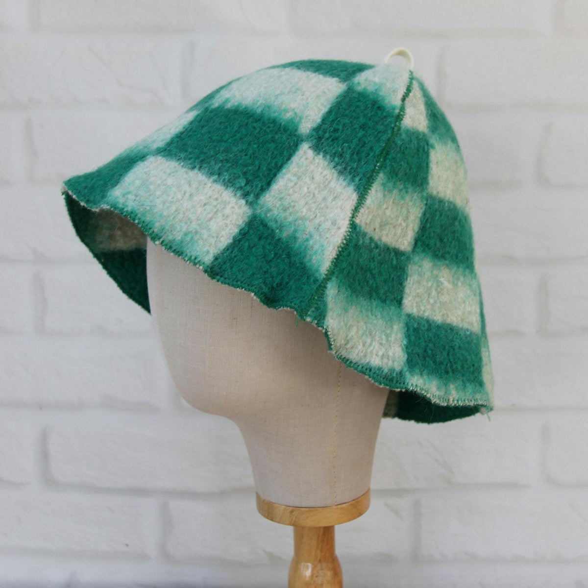 Upcycled Wool Sauna Hat – Green White Checkerboard Banya Spa Accessory