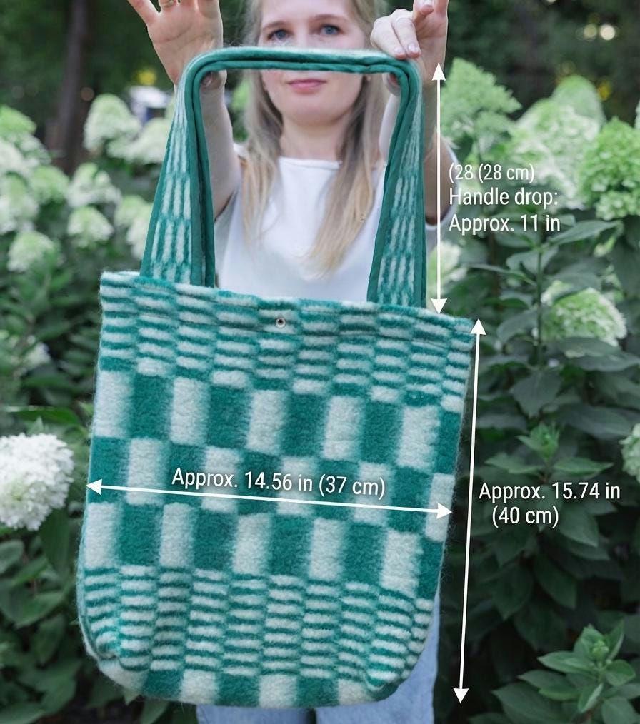 Green Wool Tote Bag Made from Vintage Blanket, Long Handles, Lined with Snap Closure, Upcycled Wool Shoulder Bag,Soft Cozy Handmade Tote