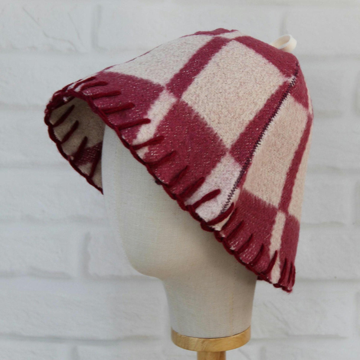 Handmade Upcycled Wool Sauna Hat – Burgundy Pink Plaid Banya Accessory
