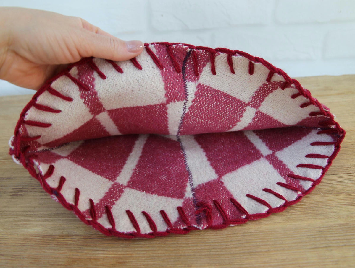 Handmade Upcycled Wool Sauna Hat – Burgundy Pink Plaid Banya Accessory