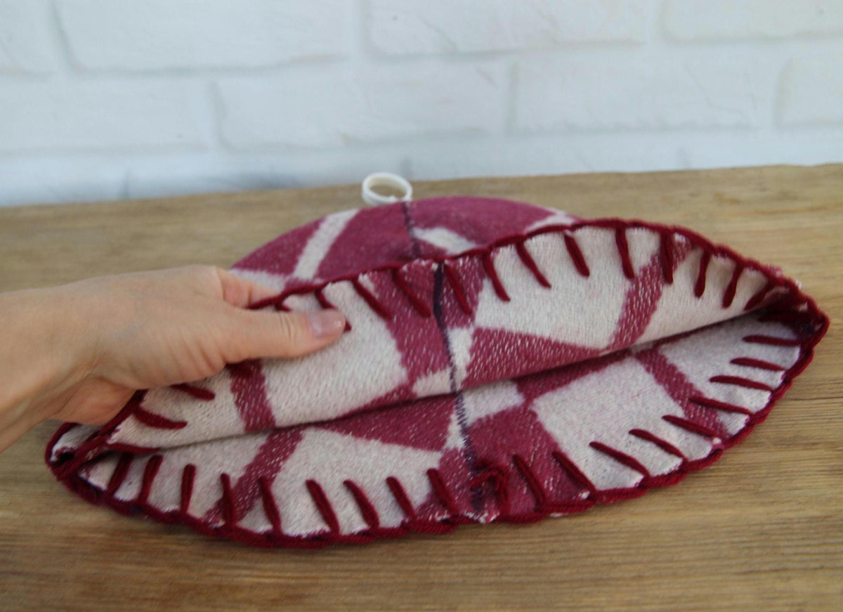 Handmade Upcycled Wool Sauna Hat – Burgundy Pink Plaid Banya Accessory