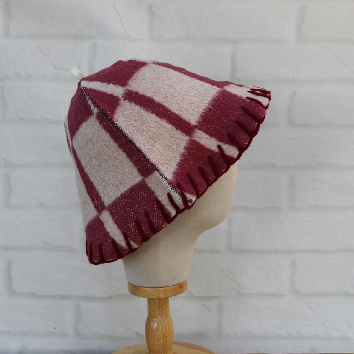Handmade Upcycled Wool Sauna Hat – Burgundy Pink Plaid Banya Accessory
