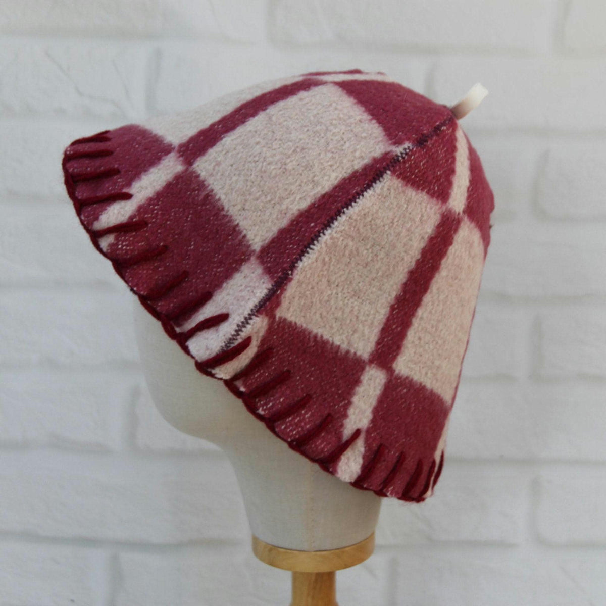 Handmade Upcycled Wool Sauna Hat – Burgundy Pink Plaid Banya Accessory
