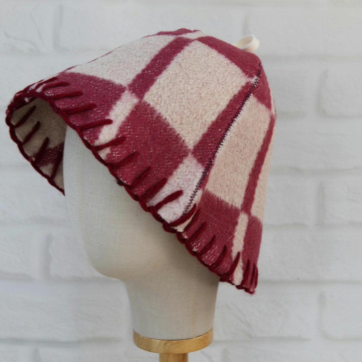 Handmade Upcycled Wool Sauna Hat – Burgundy Pink Plaid Banya Accessory