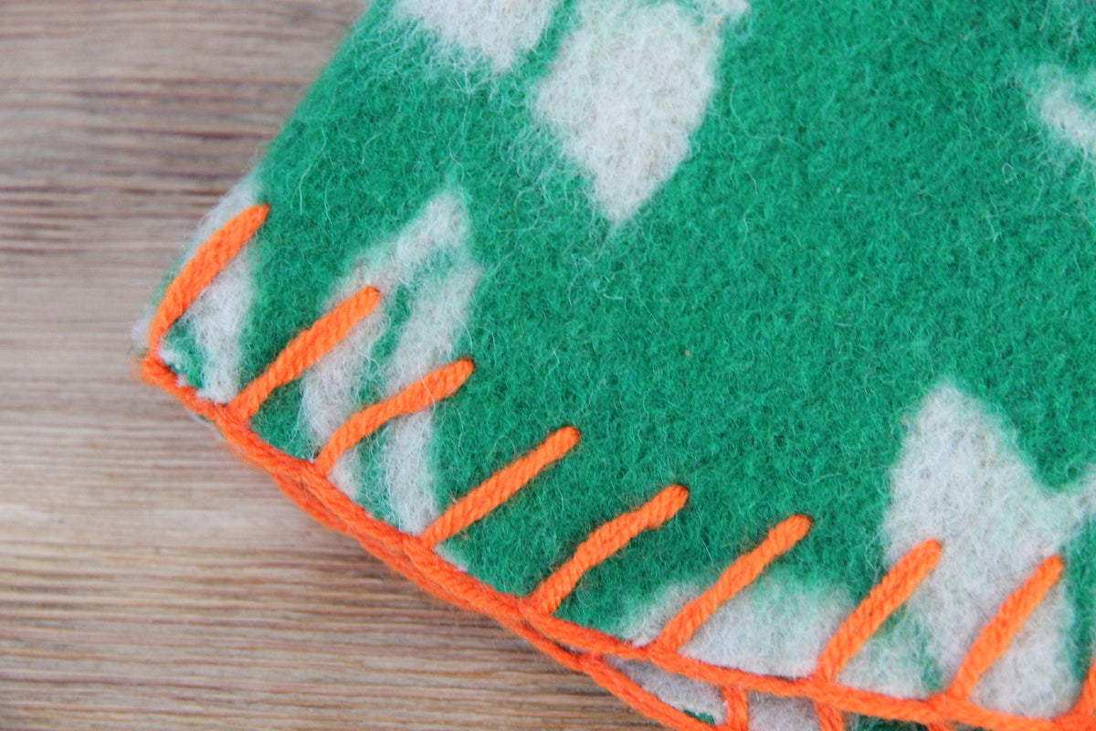 Upcycled Wool Sauna Hat – Green Floral Orange Whipstitch Banya Spa Accessory