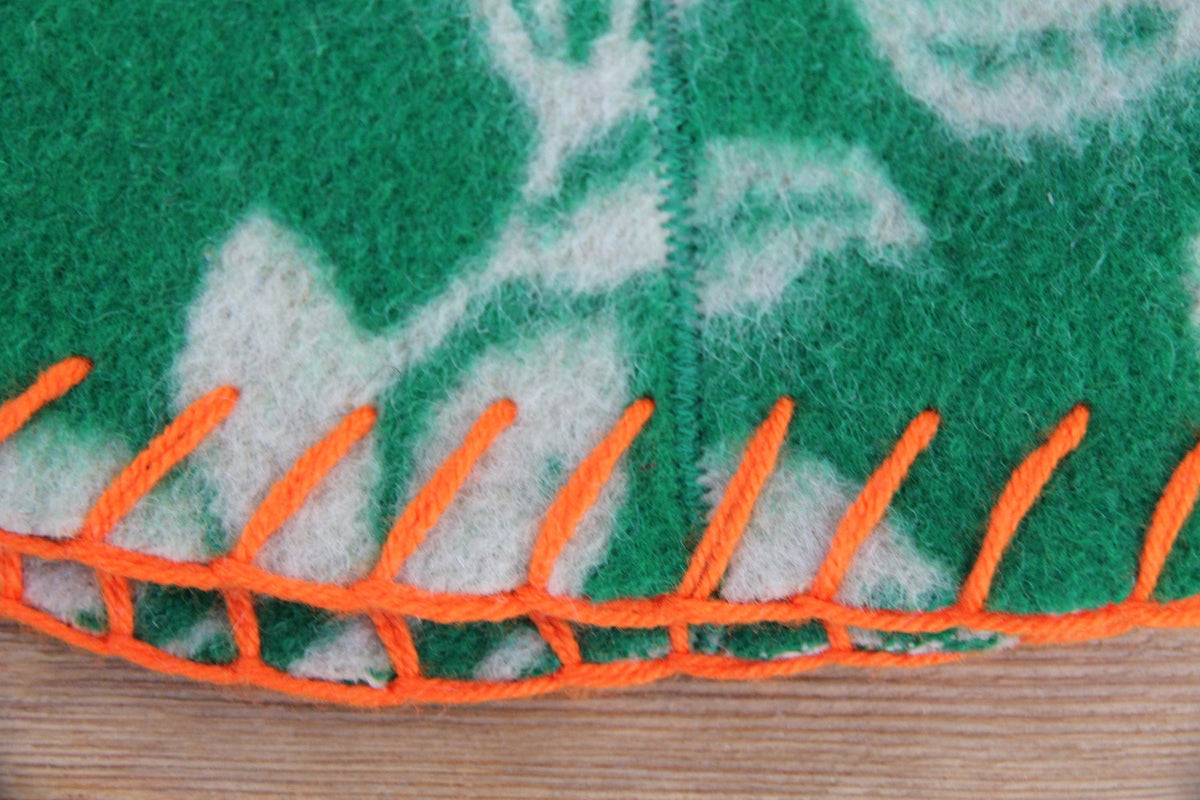 Upcycled Wool Sauna Hat – Green Floral Orange Whipstitch Banya Spa Accessory
