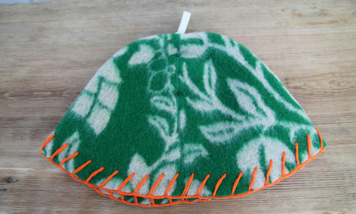Upcycled Wool Sauna Hat – Green Floral Orange Whipstitch Banya Spa Accessory