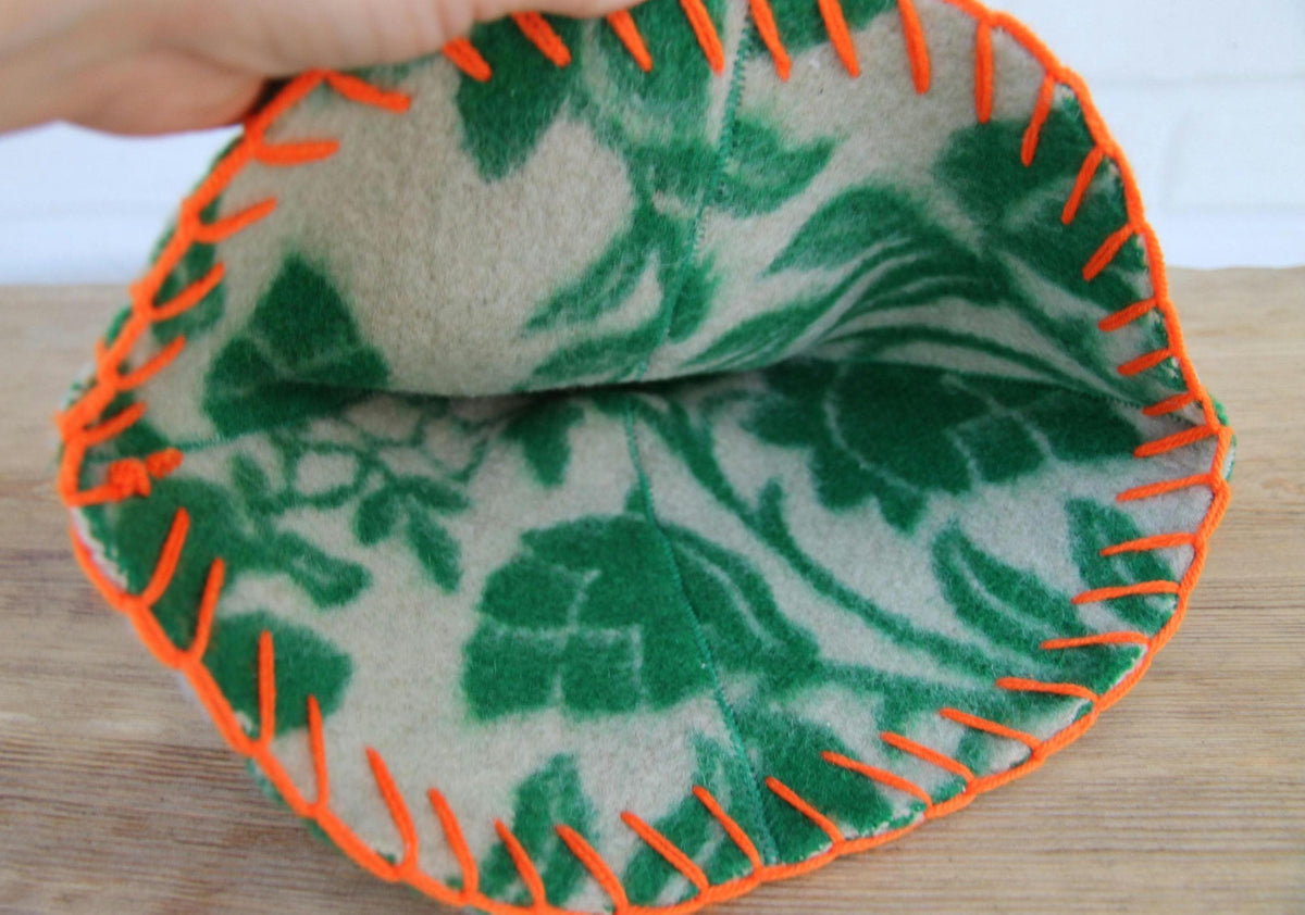 Upcycled Wool Sauna Hat – Green Floral Orange Whipstitch Banya Spa Accessory