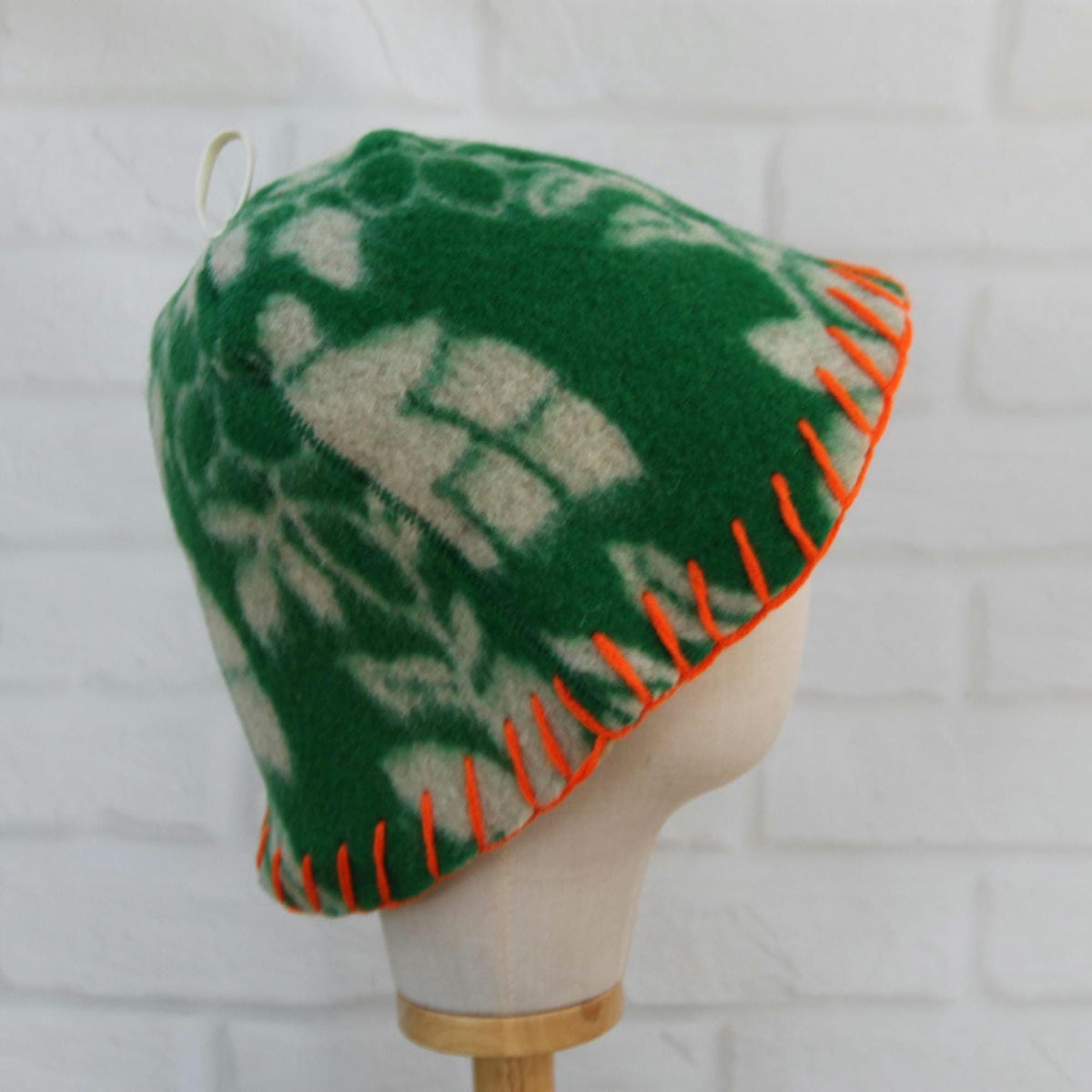 Upcycled Wool Sauna Hat – Green Floral Orange Whipstitch Banya Spa Accessory