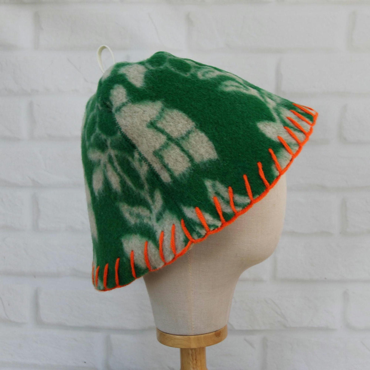 Upcycled Wool Sauna Hat – Green Floral Orange Whipstitch Banya Spa Accessory