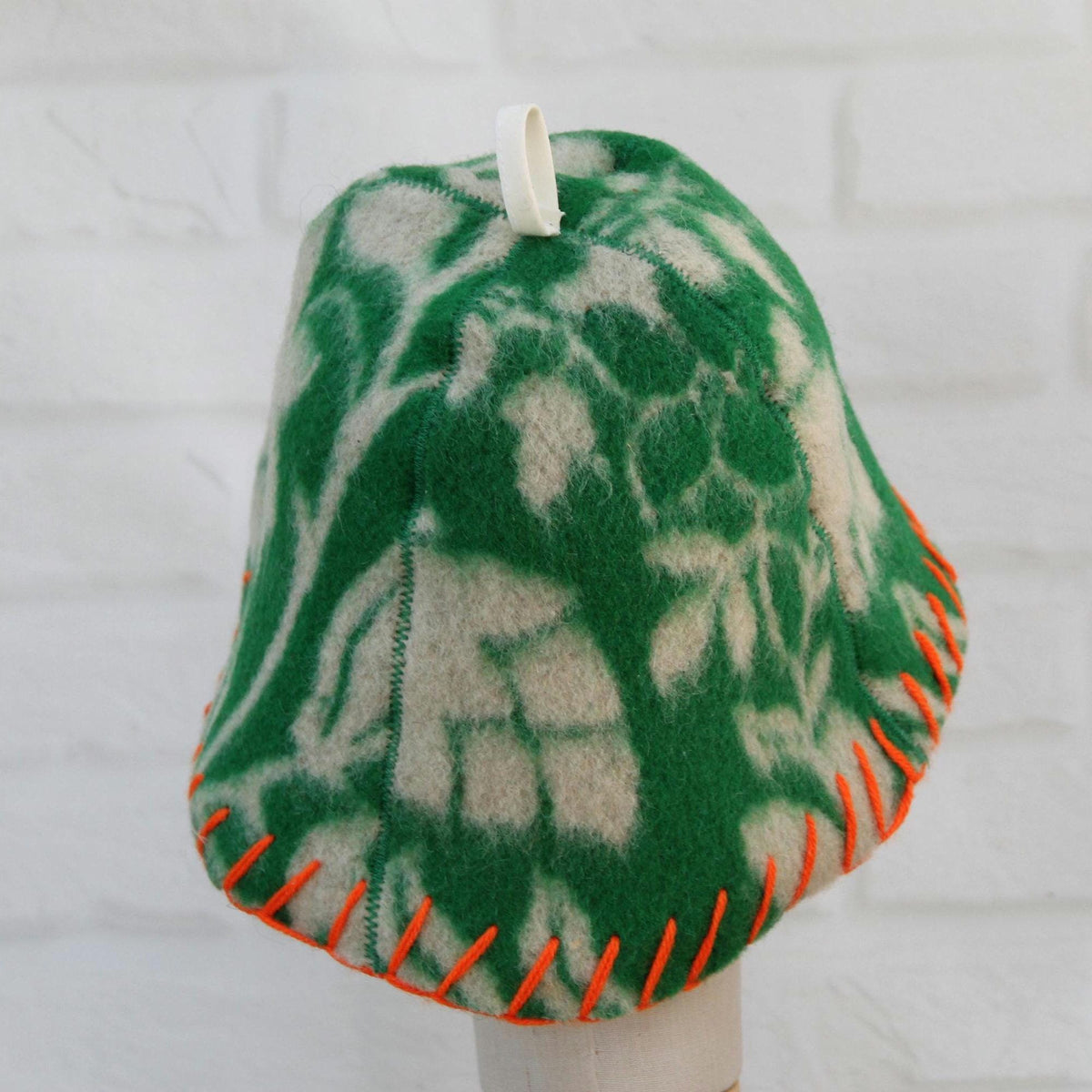 Upcycled Wool Sauna Hat – Green Floral Orange Whipstitch Banya Spa Accessory