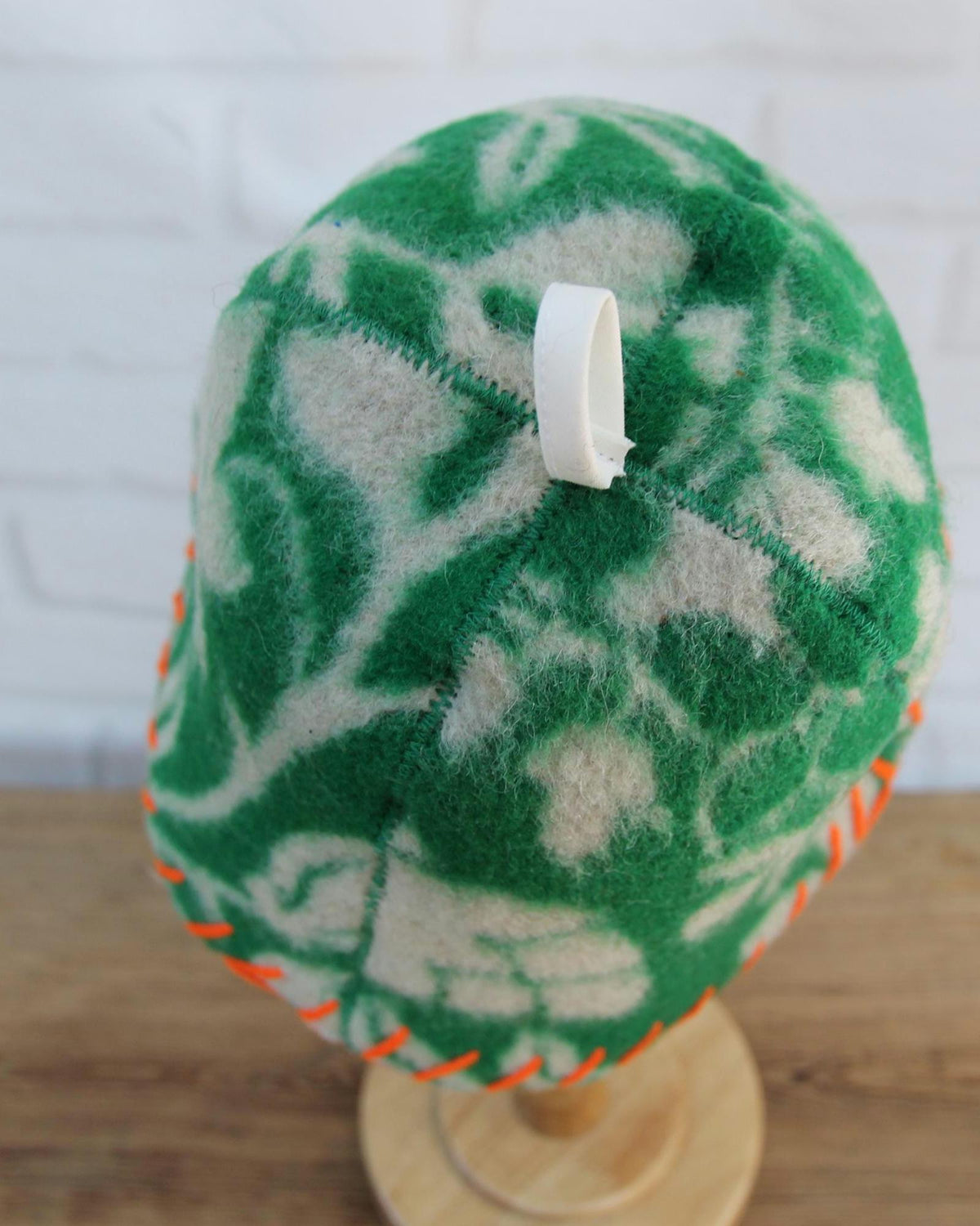 Upcycled Wool Sauna Hat – Green Floral Orange Whipstitch Banya Spa Accessory