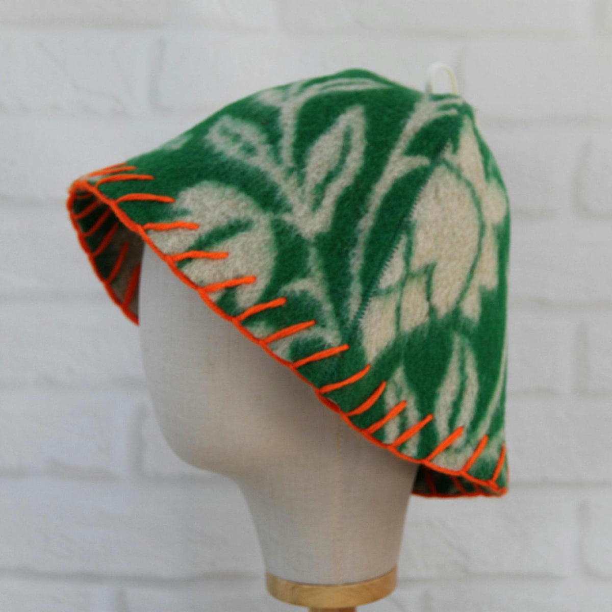 Upcycled Wool Sauna Hat – Green Floral Orange Whipstitch Banya Spa Accessory