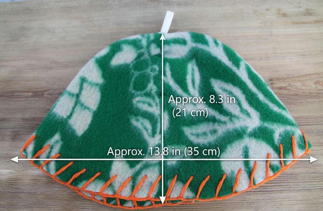 Upcycled Wool Sauna Hat – Green Floral Orange Whipstitch Banya Spa Accessory
