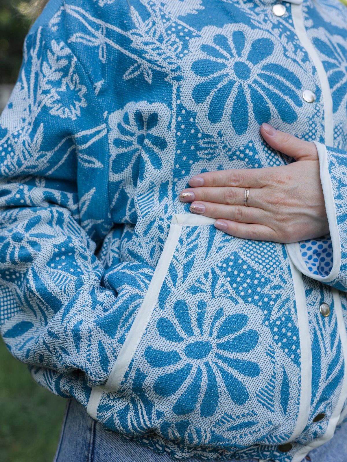 One-of-a-Kind Handmade Jacket from Vintage Blue Tapestry Blanket - Upcycled Boho Chic - Retro Floral Bomber
