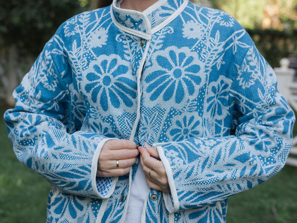 One-of-a-Kind Handmade Jacket from Vintage Blue Tapestry Blanket - Upcycled Boho Chic - Retro Floral Bomber