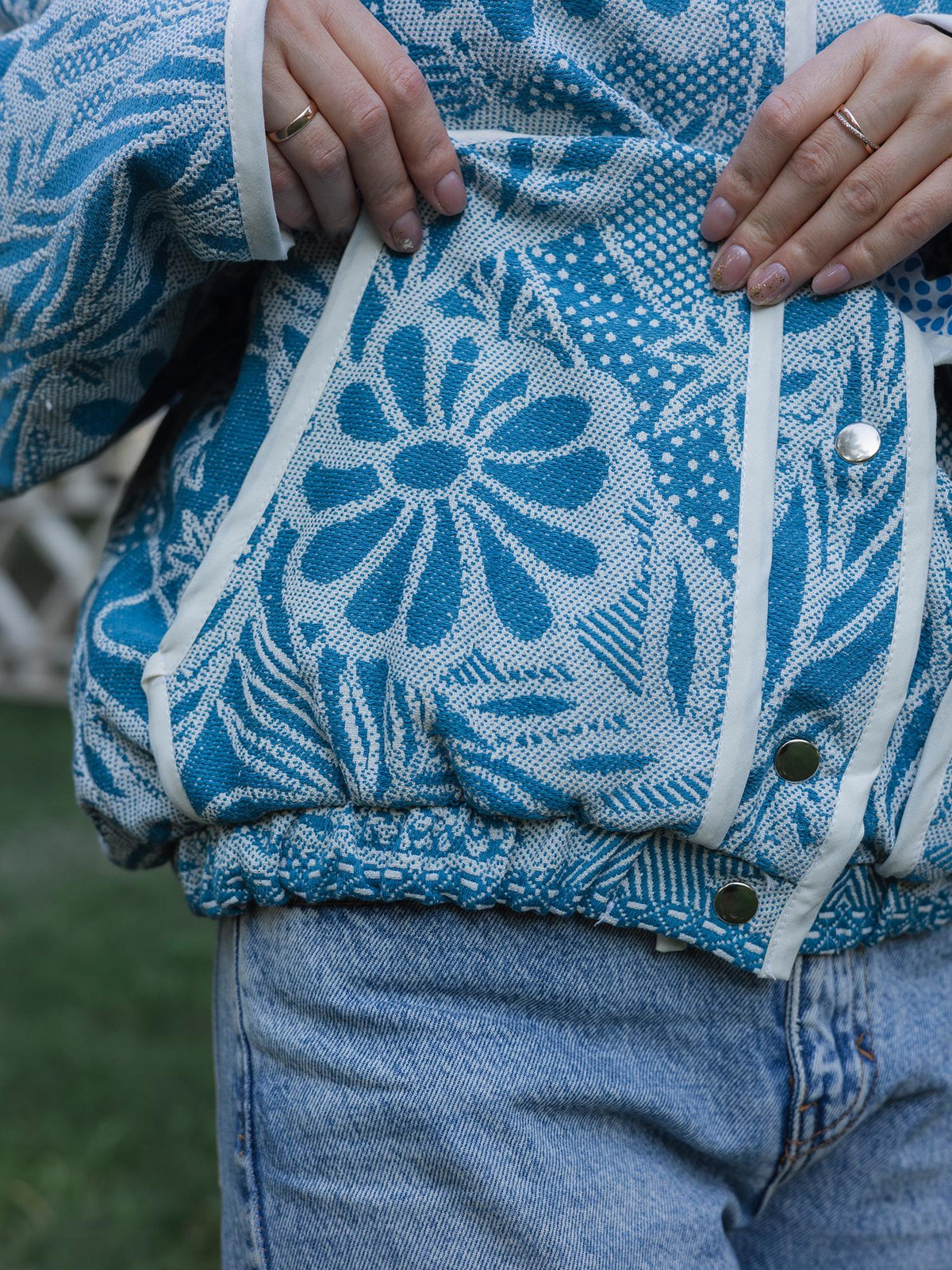 One-of-a-Kind Handmade Jacket from Vintage Blue Tapestry Blanket - Upcycled Boho Chic - Retro Floral Bomber
