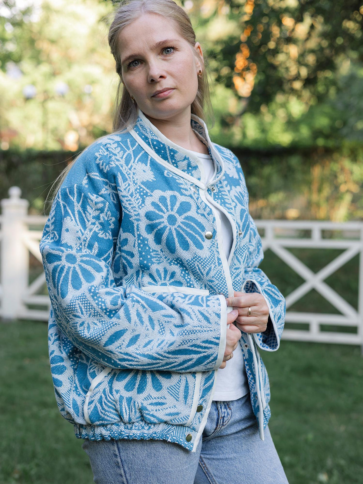 One-of-a-Kind Handmade Jacket from Vintage Blue Tapestry Blanket - Upcycled Boho Chic - Retro Floral Bomber