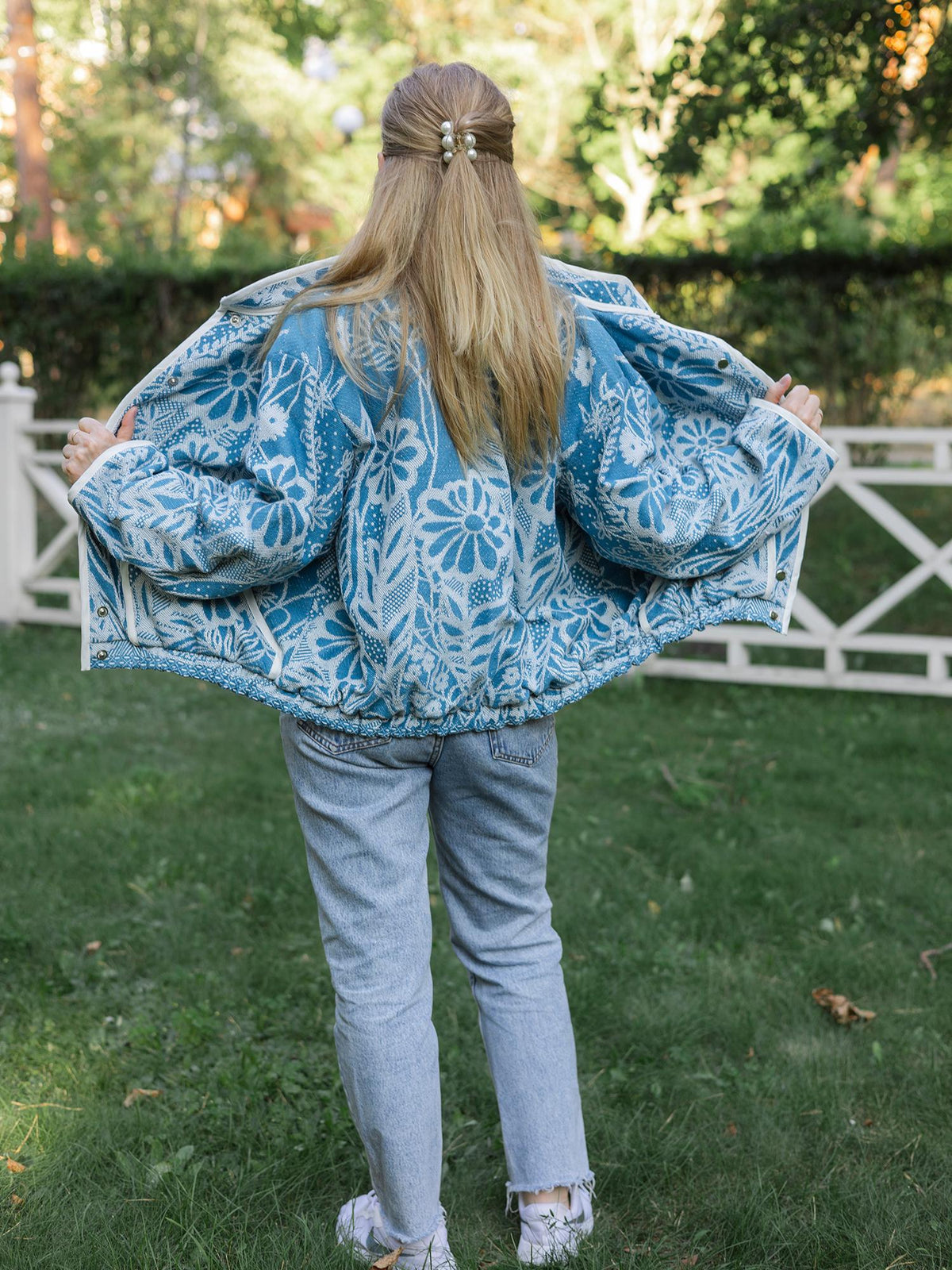 One-of-a-Kind Handmade Jacket from Vintage Blue Tapestry Blanket - Upcycled Boho Chic - Retro Floral Bomber