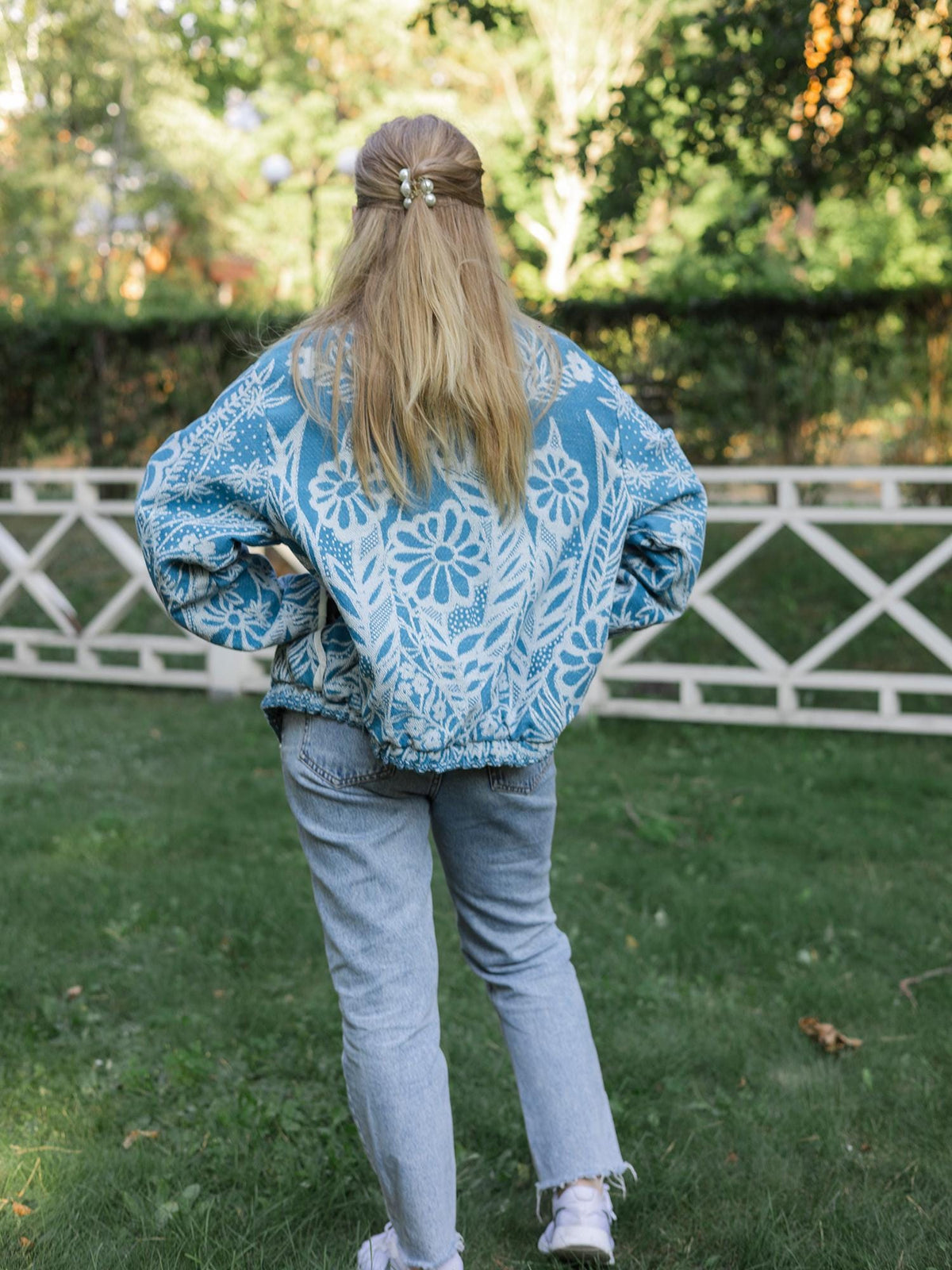 One-of-a-Kind Handmade Jacket from Vintage Blue Tapestry Blanket - Upcycled Boho Chic - Retro Floral Bomber