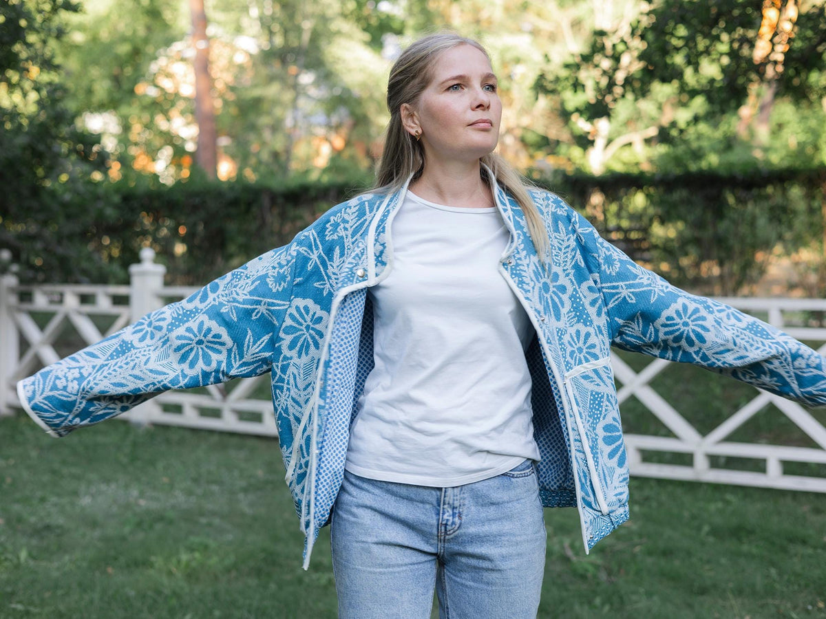 One-of-a-Kind Handmade Jacket from Vintage Blue Tapestry Blanket - Upcycled Boho Chic - Retro Floral Bomber