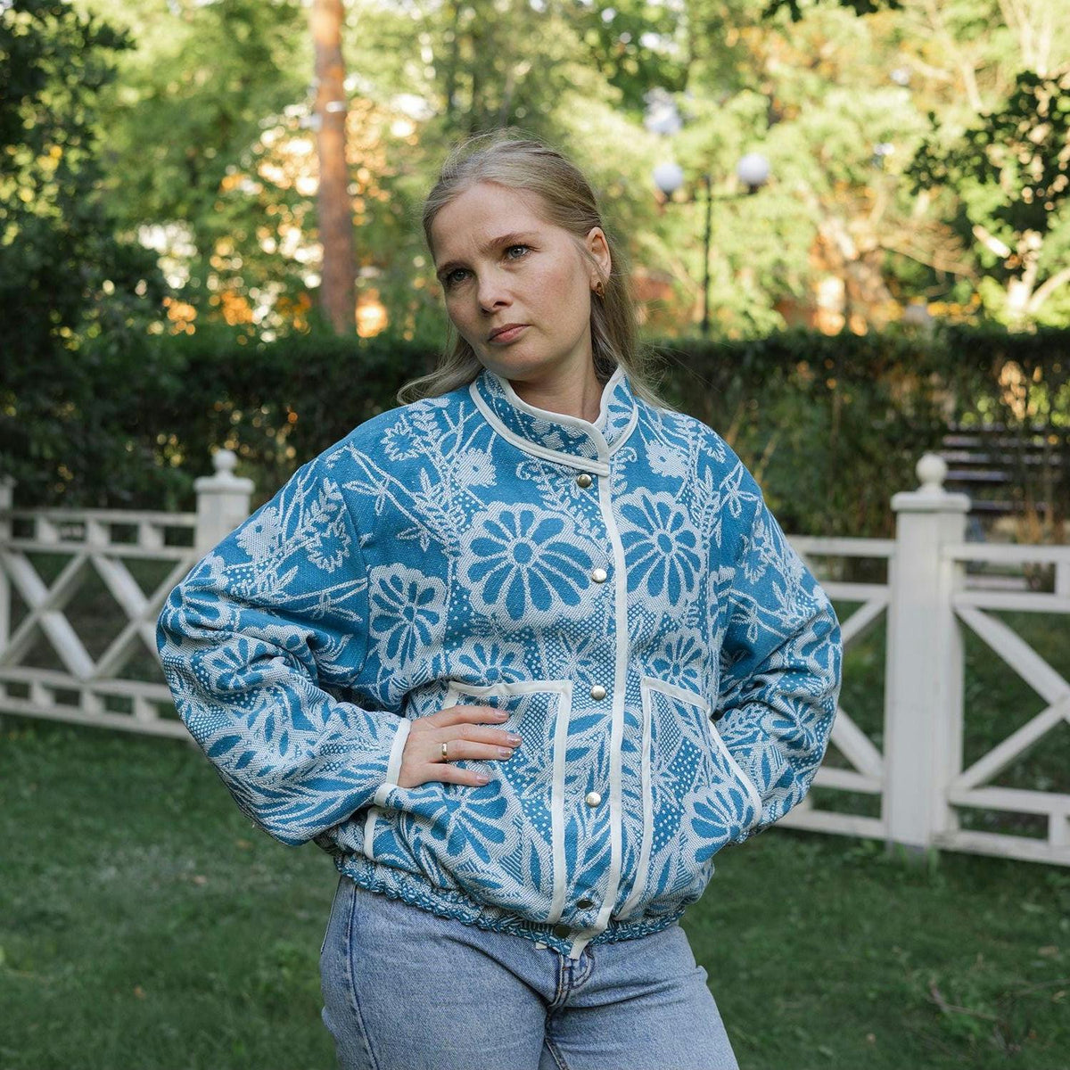 One-of-a-Kind Handmade Jacket from Vintage Blue Tapestry Blanket - Upcycled Boho Chic - Retro Floral Bomber