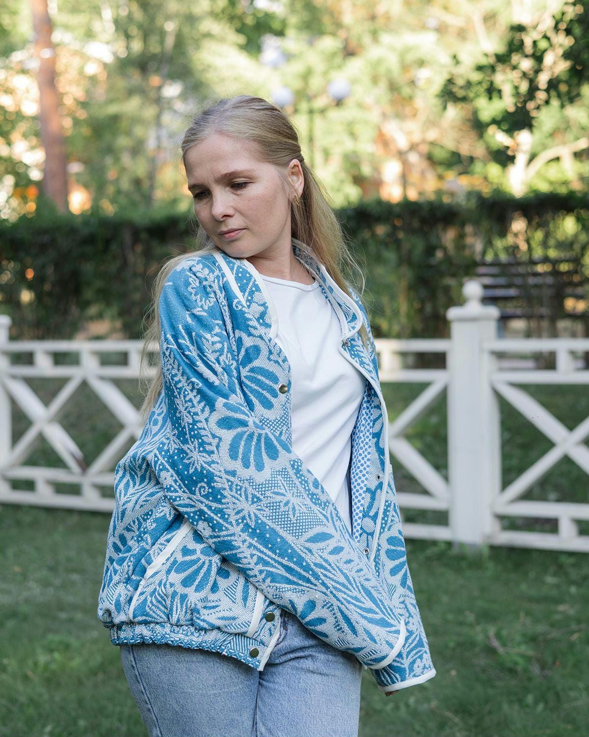 One-of-a-Kind Handmade Jacket from Vintage Blue Tapestry Blanket - Upcycled Boho Chic - Retro Floral Bomber