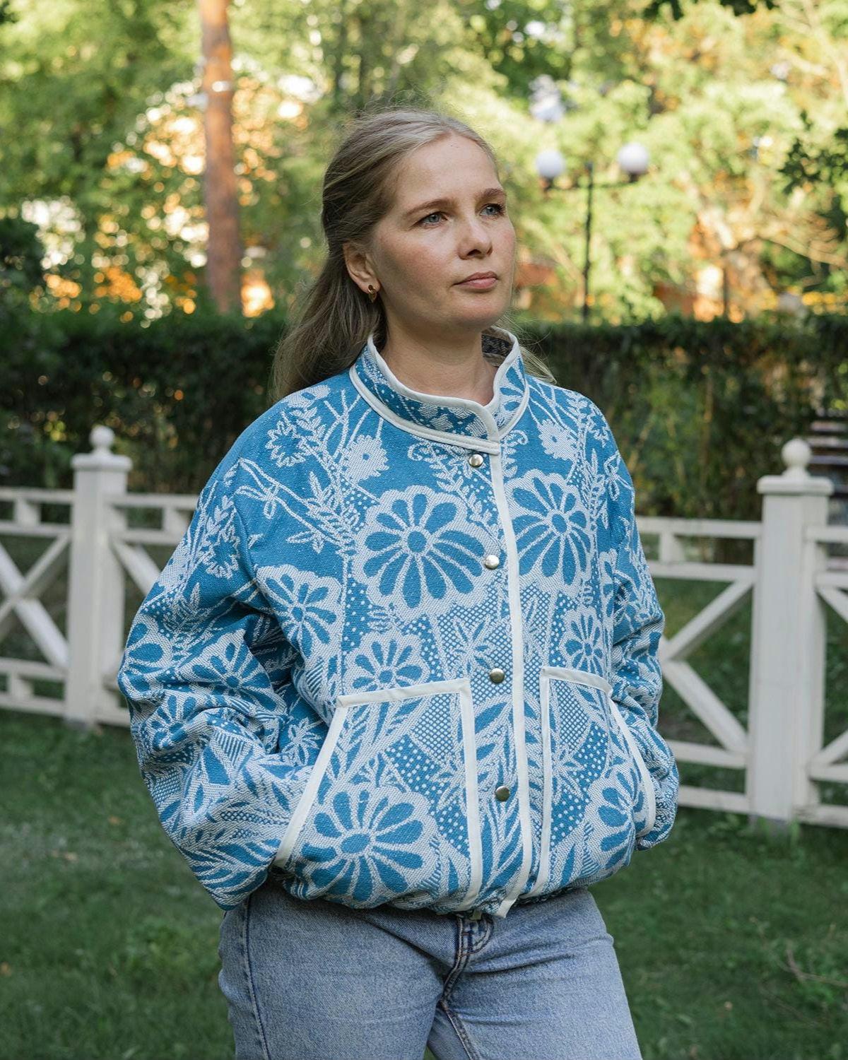 One-of-a-Kind Handmade Jacket from Vintage Blue Tapestry Blanket - Upcycled Boho Chic - Retro Floral Bomber
