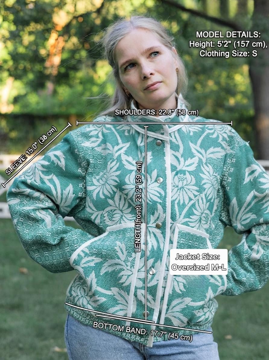 One-of-a-Kind Handmade Jacket from Vintage Green Tapestry Blanket - Upcycled Boho Chic - Retro Floral Bomber