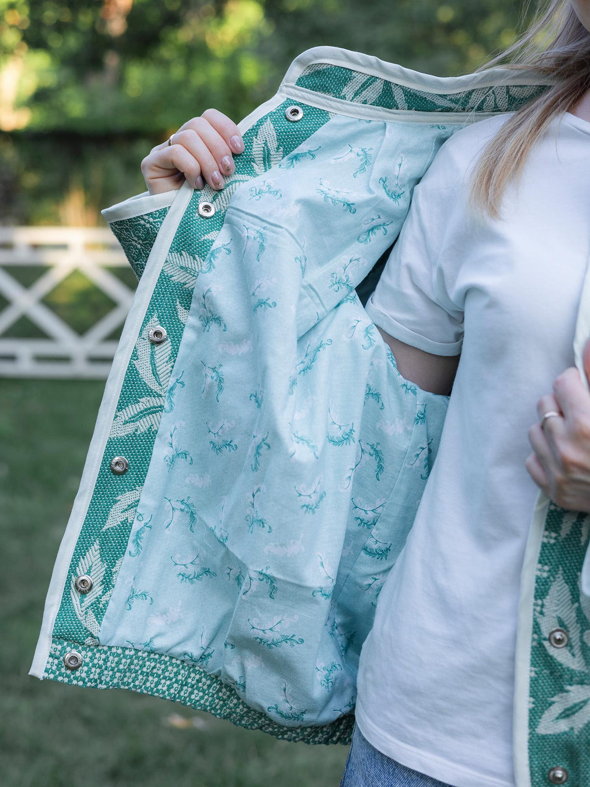 One-of-a-Kind Handmade Jacket from Vintage Green Tapestry Blanket - Upcycled Boho Chic - Retro Floral Bomber