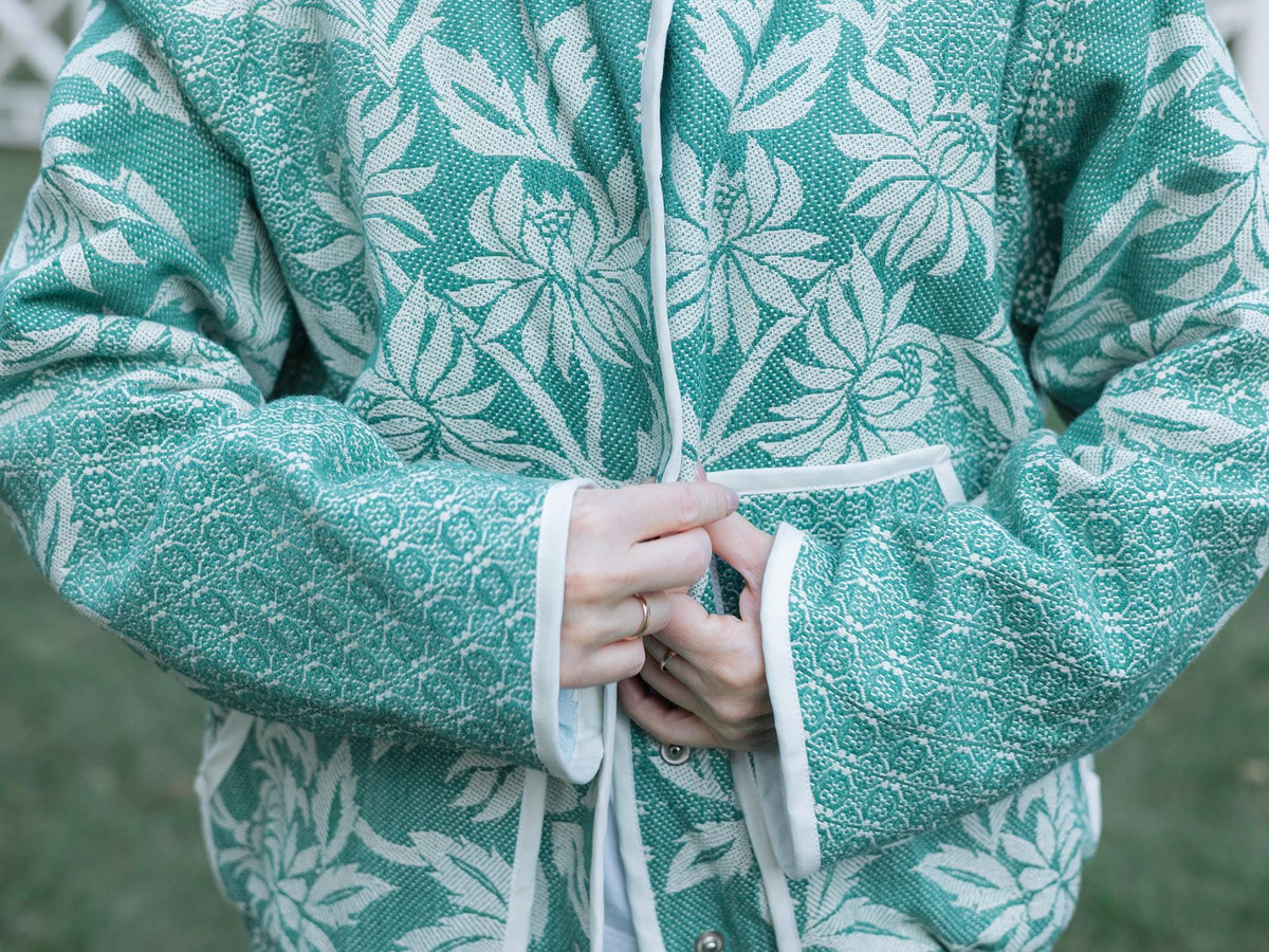 One-of-a-Kind Handmade Jacket from Vintage Green Tapestry Blanket - Upcycled Boho Chic - Retro Floral Bomber